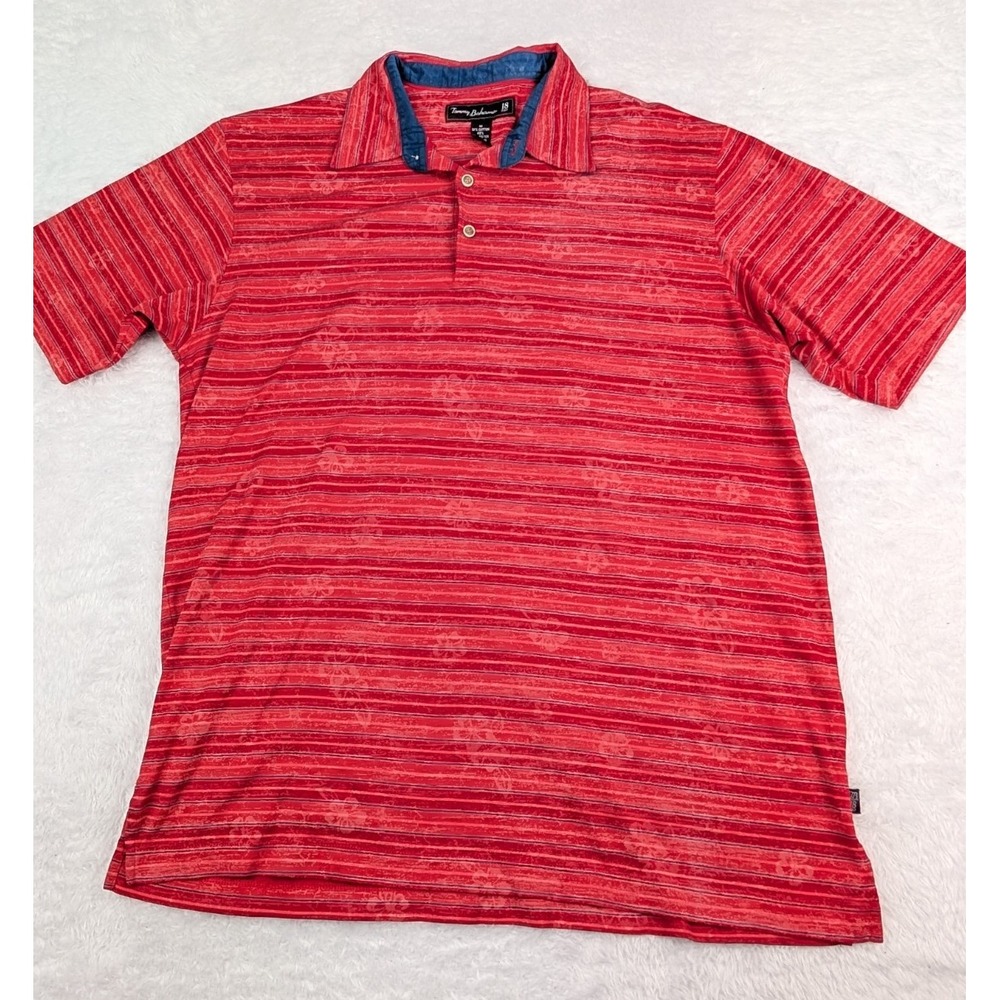 Tommy Bahama Golf 18 Polo Men's Shirt Size M Red Flower All Over Print Striped